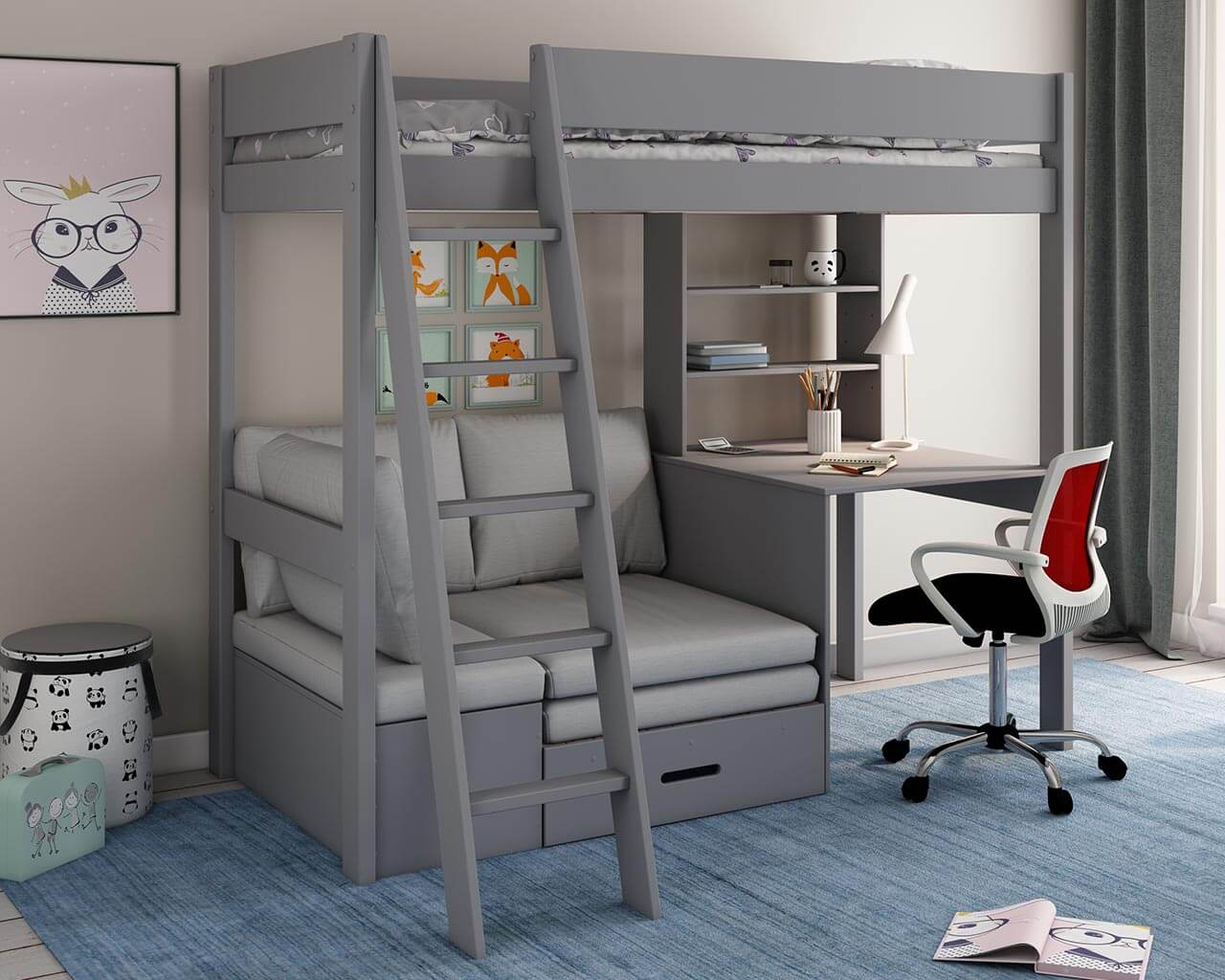 Estella high sleeper bed with desk and corner sofabed