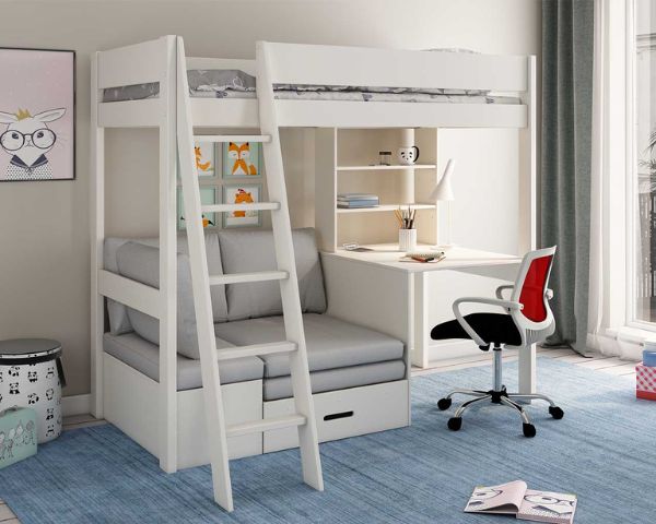 Estella white high sleeper with desk and corner sofabed