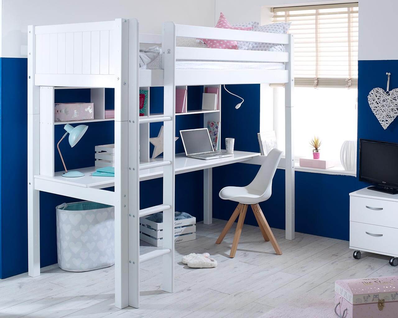 Nordic high sleeper 2 with long desk and shelving