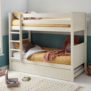 A beautiful traditional bunk bed, Cambridge is built from a solid wood structure with stylish grooved panelled headboards and footboards and painted in a White finish for a premium and long lasting addition for your child's bedroom. It's classic style is popular for most age groups and with the option of separating into two independent single beds, the options are varied allowing the furniture to grow with your child over the years. Our bunk beds are a popular choice for customers looking for additional sleeping options in the bedroom or saving space for room sharers! There is an option to also add the Cambridge trundle bed allowing for up to 3 sleep spaces, which can all be stored within the footprint of one single bed!