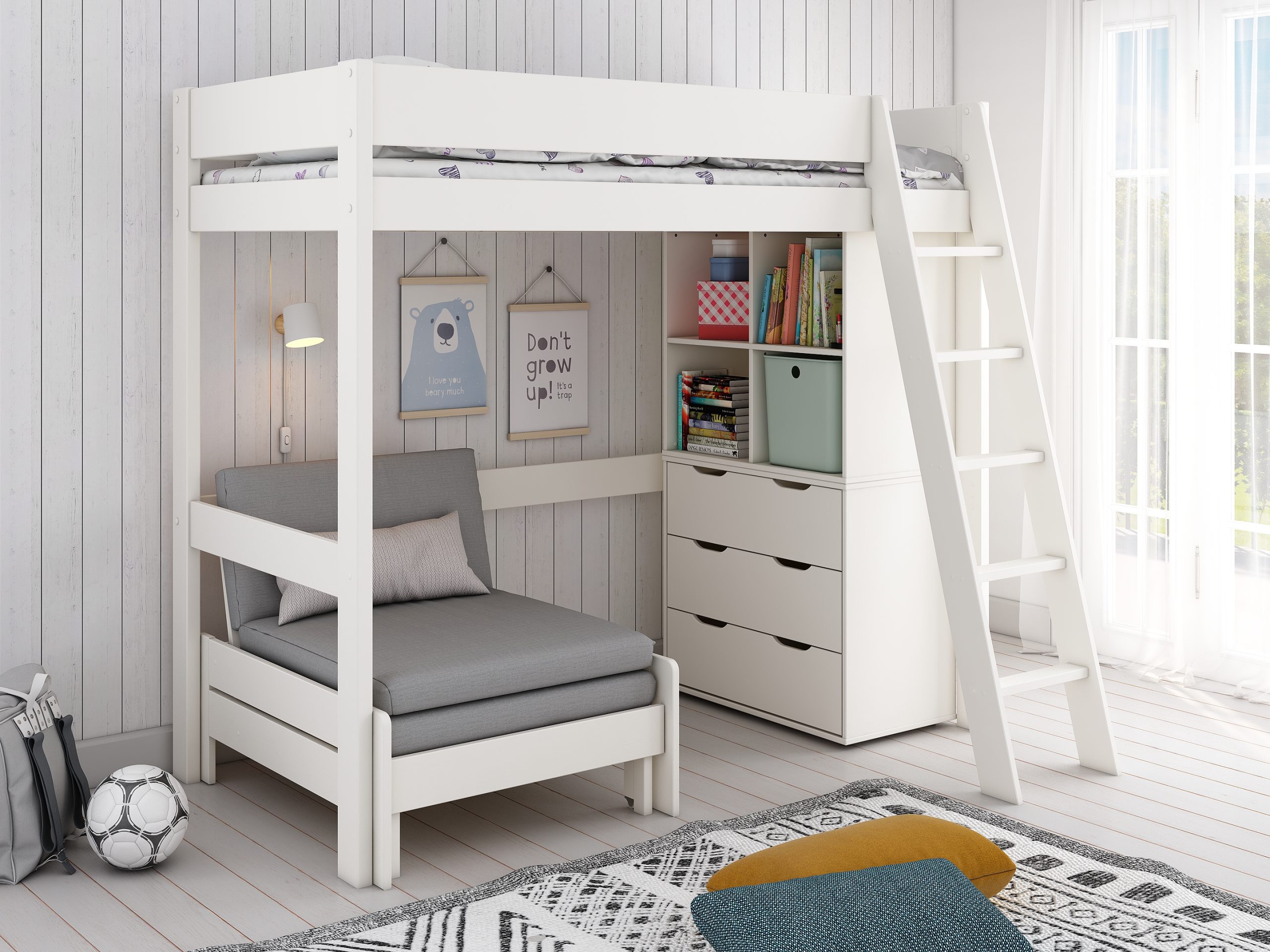 Estella White Highsleeper 5 with Grey Corner Sofa and Storage