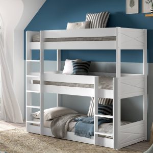 Our Henley Triple Bunk Bed is sleek and stylish, accommodating 3 beds within the footprint of a single bed. A great triple bunk bed for 3 sharing a room or for sleepovers. The detail on the head and footboards gives this bunk it's unique style and the crisp white finish looks good in any bedroom. The 2 ladders can be reversed to suit your requirments and with easy access to the lower bunk, this is suitable for younger children. The mid and top bunks are suitable for children age 6+ who are able to navigate the ladders.