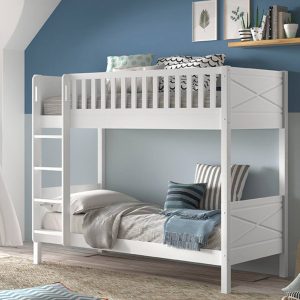 The Henley White Bunk Bunk Bed is made from solid Scandinavian pine, responsibly sourced from managed forests. A stylish looking bunk with a unique cross design on the head and footboards and a vertical slatted side rail on the front for a contemporary look. The ladder can be built on the left or right depending on your bedroom layout and the ladder has handholes cut out to aid when climbing the ladder. Add an under bed trundle drawer for use as a guest bed for sleepovers or as a storage drawer to keep clothes, toys and games neatly tucked away under the bed.