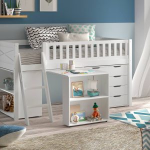 Henley White Midsleeper with Pullout Desk, Chest and Bookcase