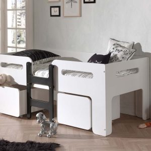 The Mono midsleeper is perfect for younger children. It is a slightly raised bed with short ladder which makes climbing in and out easy for littler legs! It comes with two handy storage bins that easily wheel out from under the bed which are brilliant for holding toys, games or crafts. The contemporary design and slim footprint allows for the best use of floorspace. Simply pull out the storage drawers when it's time to play and easily slide them back under the bed at night time. A solid and sturdy bed that gives all the fun of climbing a ladder to bed but with plenty of storage to keep toys neatly tidied away.