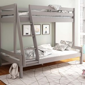 The Nora solid wood grey triple bunk is perfect for children sharing or just great for sleepovers. A stylish triple bunk manufactured from solid sustainable pine and painted in a non-toxic, water based eco friendly lacquer.  All Noomi beds are FSC certified using solid wood that is sustainable sourced from managed forests.  This is a strong, sturdy bunk built for longevity with generous headroom between the bunks making it comfortable to sit up on the lower bunk. The top bunk is a European size single bed which requires a mattress 90x200cm and the lower bunk takes a spacious European small double mattress size 120 x 200cm, giving plenty of extra room on the bottom bed. The optional underbed storage is a great addition, giving useful storage under the bed.