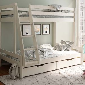 A super spacious triple bunk manufactured from solid sustainable pine and FSC certified. The sturdy frame and solid structure is painted in a non-toxic, water based eco friendly lacquer. All Noomi beds are FSC certified using solid wood that is sustainable sourced from managed forests. This is a strong, sturdy bunk built for longevity with generous headroom between the bunks making it comfortable to sit up on the lower bunk.