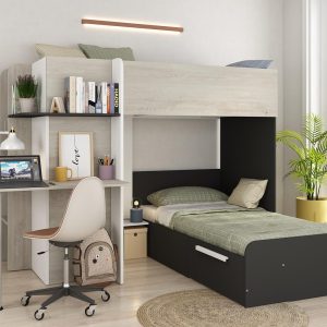A fantastic designer L-shaped bunk bed with study desk fixed at the end of the bed. This imposing bunk bed offers 2 beds for children sharing a bedroom or a great bed for sleepovers. Under the bed there is a built in wardrobe with hanging rail and shelf and integrated shelving under the bed for storing books, games or clothes. The lower bed has a useful storage drawer for bedding, toys or clothes. What is unique about this bunk bed is that it has a curved desk at the end of the bed to allow space for 2 to study. With the solid steps at the end of the bed, it is easy to climb into the top bunk.