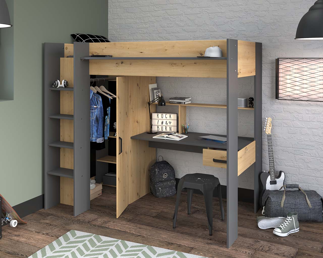 Grayson Highsleeper Bed with Desk & Wardrobe