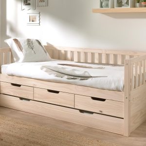 The Parker Cabin bed is a beautiful natural wood bed, made from solid Scandinavian pine, sourced from sustainably managed forests. It is a great space saving solution for smaller or shared bedrooms and offers multiple built in drawers for keeping everything tided neatly away. With the option of adding a trundle drawer, you can provide another sleep space for guests or use as storage drawer - perfect for all those toys and books! The Parker Cabin bed is a premium children's bed and is strong in structure, a great option for younger children ready for a bigger bed without the commitment of a ladder to climb. The drawers have easy to open cut out handles which are perfect for smaller hands and with easy glide runners they are super simple to use. The optional trundle drawer is set upon castors making it easy to move in and out from underneath the bed.