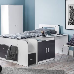 Create a fun and fabulous sleep space with the ultra stylish Percy Cabin Bed. This wonderful bed is the perfect space saving idea as it is full of storage options and even has a built in desk for studying! Featuring three pull out drawers, a cupboard and a spacious desk, this bed has everything you need, making it the ultimate bed to see your child through to their teenage years. Designed in a sleek matt finish, the white and charcoal tones beautifully compliment each other and give a touch of added style.