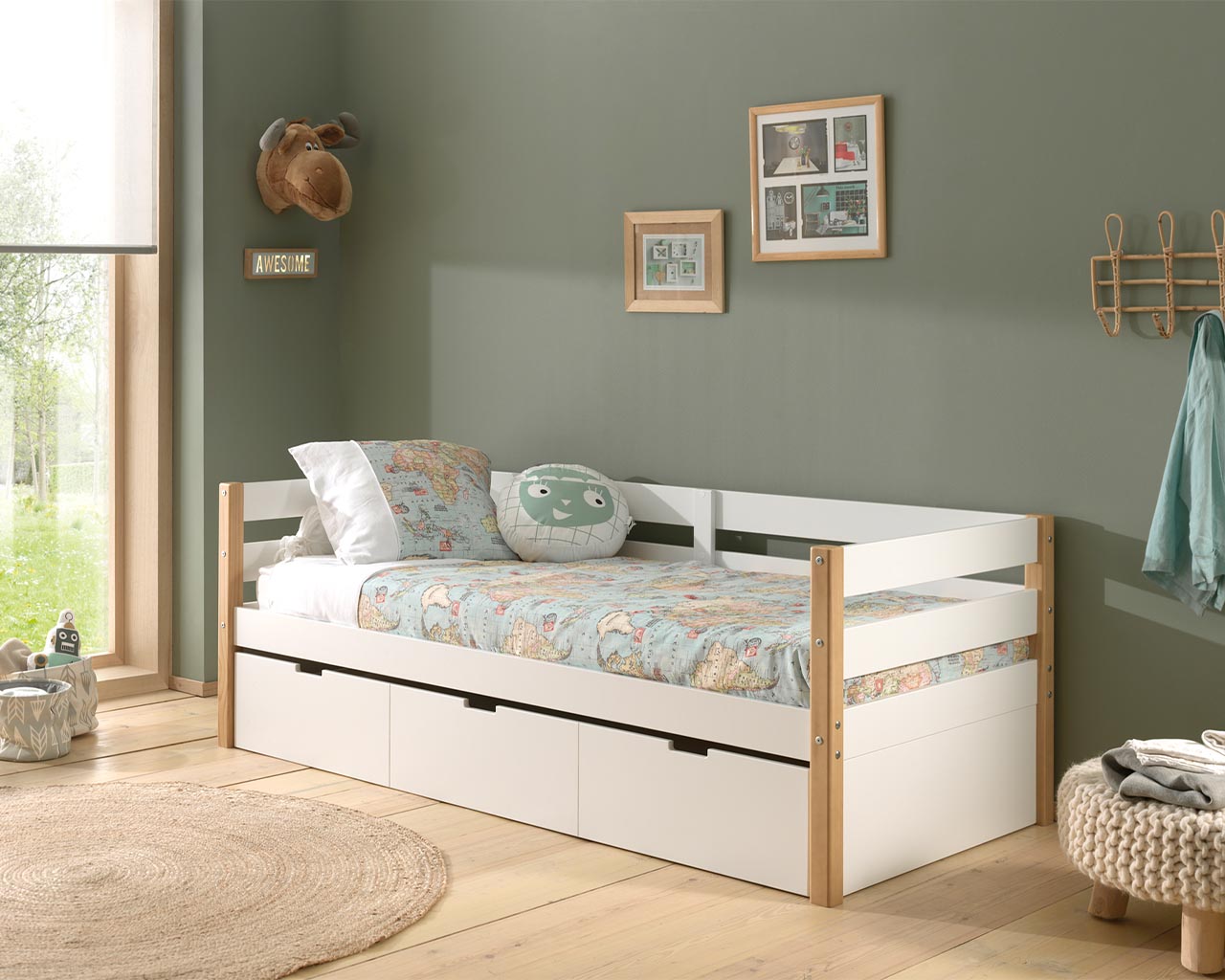 Our Alpine day bed is a great space saving solution for smaller bedrooms with the option to use as a standalone bed or to be paired with the Underbed drawer, the drawer doubles up as a storage space or as an extra hideaway sleep space which is great for sleepovers! With a wonderfully strong structure, the frame is made from solid wood and painted MDF panels, the under bed drawer has easy to open cut out handles which are perfect for smaller hands and with easy glide runners they are super simple to use. The drawer is set upon castors making it easy to move in and out from underneath the bed.