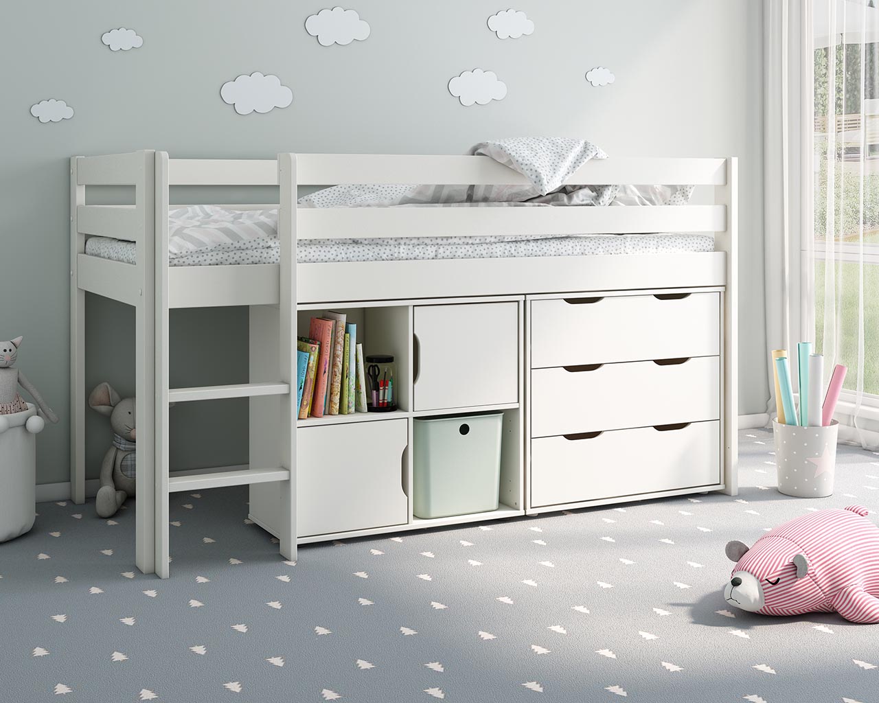 Nora Solid Wood Storage Cabin Midsleeper White