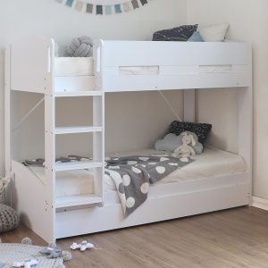 A solid and sturdy bunk bed in contemporary style, available in White or Grey with a pull out trundle bed that's perfect for when friends come to stay. The ladder is fixed to the left side of the bed, with wide steps that make climbing into bed easy and safe. There are also two cut out handles at the top of the ladder for little hands to grab easily.