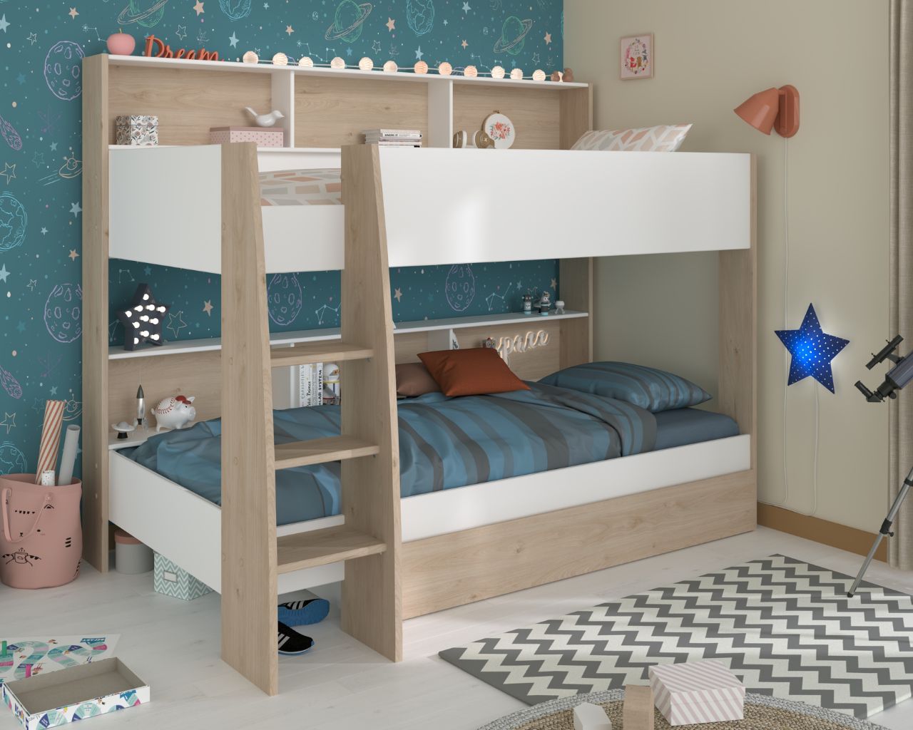 Transform your child's bedroom into an organized and adventurous space with the Parisot Shelter Bunk Bed with Drawer. This thoughtfully designed bunk bed goes beyond just sleeping arrangements – it's a complete storage and style solution that kids will love and parents will appreciate. The contemporary white and natural wood finish blends seamlessly with any décor, while the integrated shelving on both levels keeps favourite books, toys, and bedtime essentials neatly organized and within easy reach. What really sets this bunk bed apart is the convenient pull-out drawer beneath the lower bunk – perfect for stashing extra bedding, seasonal clothes, or toy collections. The sturdy construction ensures safety and durability, while the wide, angled ladder makes climbing up to the top bunk both easy and secure. Whether you're furnishing a shared room for siblings or creating the ultimate sleepover spot, the Parisot Shelter Bunk Bed with Drawer offers the perfect combination of fun, function, and smart storage solutions – all in one stylish package that will grow with your children.