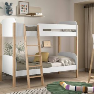 The Sherbert White & Natural Bunk Bunk Bed is a stylish, contemporary bunk suitable for sleeping 2 children. Made from solid Scandinavian pine, responsibly sourced from managed forests. The ladder is built on the left as shown and has useful handholes cut out to aid when climbing the ladder. A lovely solid bunk bed with a beautiful white and natural finish bringing a fresh and clean look to brighten up any bedroom.