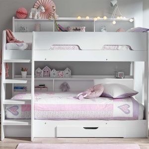 Add a magical touch to your bedroom with the Stellar Bunk Bed, finished in a stylish white effect foil. With handy shelves along the back wall of each bed and a small underbed storage drawer it is the perfect place to hold all your favourite toys, books and an alarm clock. With cleverly designed cut out handles and glow in the dark strips on the steps for extra safety, this stylish bunk bed is perfect for any bedroom. The lower bed is close to the ground, making it a great place for smaller children to practice their tricks and catch up on sleep.