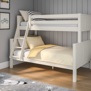 A super spacious triple bunk manufactured from solid sustainable pine. The sturdy frame and solid structure is painted in a non-toxic, water based eco friendly lacquer. This is a strong, sturdy bunk with stylish shaker style head and footboards. the ladder can be built to the left or right depending on your room layout and the bunk can split into a single and small double bed should you wish to do so in future years. The top bunk is a UK size single bed which requires a mattress 90x190cm and the lower bunk takes a UK small double mattress size 120 x 190cm, giving plenty of extra room on the bottom bed.