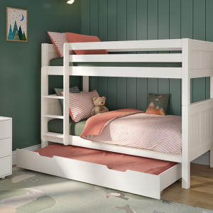 This stylish Classic Originals Wooden Bunk Bed is a timeless bunk bed and would look great in all bedrooms. Finished in a Pure White lacquer, it is a classic children's bunk bed. With a handy pull out bed under the lower bunk, this trundle drawer can be used for useful storage of toys, books or games or can hold a mattress ready for a sleepover. This sturdy bed can convert into two full size single beds if required in the future.