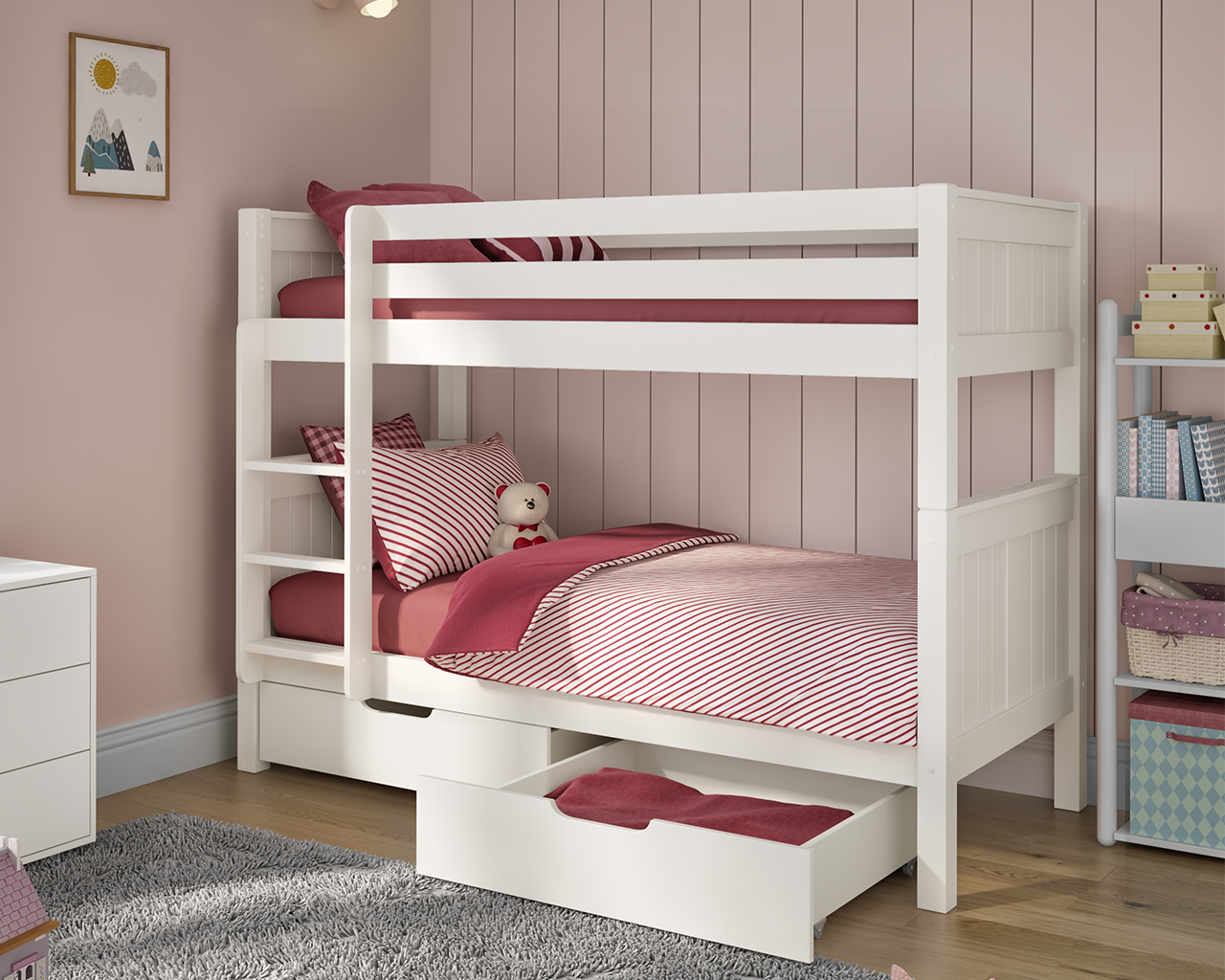 This stylish Classic Originals Wooden Bunk Bed is a timeless bunk bed and would look great in all bedrooms. Finished in a Pure White lacquer, it is a classic children's bunk bed. The handy pair of underbed storage drawers allow clothes, books and toys to be neatly tidied away. This sturdy bed can convert into two full size single beds if required in the future.