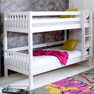 A sturdy bunk bed with contemporary design. Choose your colour end panels from White, Grey or Pink to suit you bedroom decor. The main frame is built from solid Scandinavian pine and finished in a fresh white lacquer. The straight ladder doesn't take up valuable floor space and is easy to climb. It can be positioned to the left or right depending on your bedroom layout. A bunk bed is great for siblings sharing a room, as an extra bed for sleepovers or for when guests come to stay. Like every bed in the Flexa Nordic range this bed is part of the of a building system where you can convert your bed into different versions.