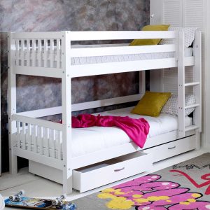 The sturdy Flexa Nordic Bunk Bed, with it's frame built from solid Scandinavian pine. This bunk comes with 2 useful underbed drawers which offer useful storage for all the toys, games, clothes children accumulate. This contemporary bunk allows you to select the end panel colour to suit your room, whether in Grey, White or Pink. The straight ladder is easy to climb and takes up minimal space. The ladder can be built to the left or right depending on your room layout. As part of the Flexa Nordic building system this bed can adapt with your child's growth and can be converted to 2 single beds if and when required.