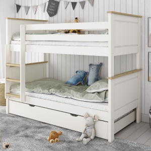 The Heritage Bunk Bed is a timeless classic bunked with traditional head and foot boards with oak effect detailing on the headboards and ladder treads. With a useful underbed drawer that easily slides in and out from under the bed, this can be used as a trundle bed for sleepovers or a storage drawer for clothes, bedding, games etc. A great bunk bed for children sharing a room or for sleepovers, with a generous clearance between the bunks of 70cm. The ladder can be built on the left or right to suit your bedroom layout. Manufactured from solid pine, this is a strong and sturdy bunk which can split into 2 x single beds if you tire of a bunkbed over time.