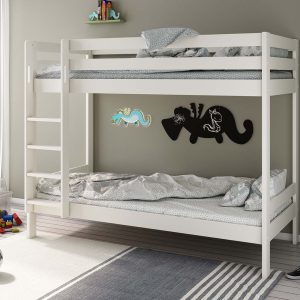 A sturdy contemporary bunk frame manufactured in solid pine from sustainably source, managed forests and FSC certified. A bright white water based, non toxic lacquer finish gives a striking appearance. The strong bunk frame also has generous spacing between the bunks to allow space to sit up on the lower bunk. The ladder can be fitted on the left or right hand side to suit your bedroom layout. This bunk is ideal for children sharing a room or for sleepovers. With the option to add a trundle bed or storage drawers it really is a great bunk bed!