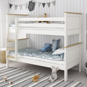 The Heritage Bunk Bed is a timeless classic bunked with traditional head and foot boards with oak effect detailing on the headboards and ladder treads. Manufactured from solid pine, this is a strong and sturdy bunk which can split into 2 x single beds if you tire of a bunkbed over time. A great bunk bed for children sharing a room or for sleepovers, with a generous clearance between the bunks of 70cm. The ladder can be built on the left or right to suit your bedroom layout.