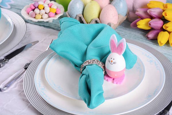 Table decorated with Eggs and Bunnies