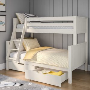A fantastic triple wooden bunk bed from Stompa with beautifully detailed shaker style head and footboards. Manufactured from solid sustainable pine and painted in a non-toxic, water based eco friendly lacquer. This is a strong, sturdy bunk with the option to build the ladder on the left or right depending on your room layout and whatsmore the bunk can split into a single and small double bed should you wish to do so in the future, giving your bed longevity. The top bunk is a UK size single bed which requires a mattress 90x190cm and the lower bunk takes a UK small double mattress size 120 x 190cm, giving plenty of extra room on the bottom bed. A great bed for children sharing a bedroom or for sleepovers or guests. The handy underbed storage drawers are perfect for storing toys, clothes, bed linen or just nick nacks.