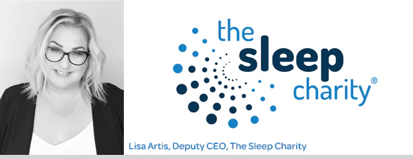 The Sleep Charity logo with a photo of Lisa Artis, deputy CEO of The Sleep Charity.