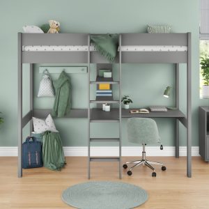 Uno High Sleeper Grey Frame With Desk & Shelving