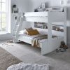 The Lisbon White Triple Wooden Bunk Bed saves space and has lots of storage. Its white color looks good in any room. It's a modern and useful bed. The bottom bunk is low to the ground, making it safer and the room feel bigger. Both bunks have shelves for books or toys. The shelves have dividers to help organize things. The top of the shelves have a raised edge to stop things from falling behind. You can put the ladder on either the left or right side.