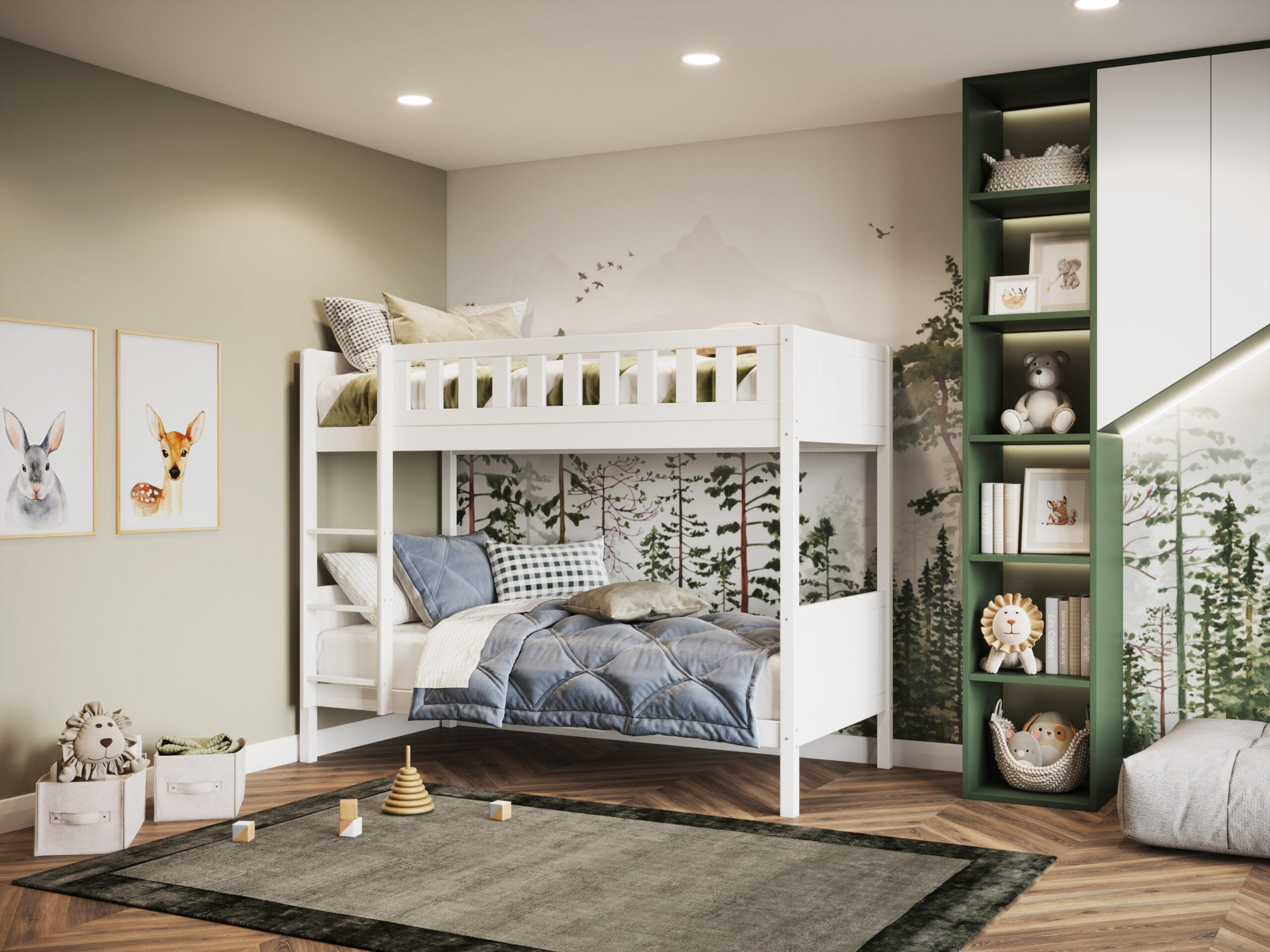 Ashley White Bunk Bed This bunk bed is great for small rooms. It's made of strong wood and looks nice. The white colour goes with everything. It has a simple design at the top and bottom, making it a comfy place to sleep. The ladder makes it easy to climb to the top.
