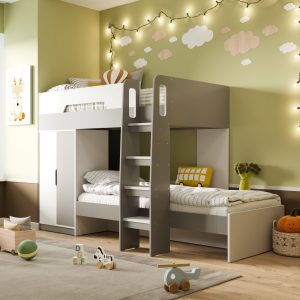 This modern bunk bed with built-in storage is a new style for kids' bedrooms. It has a stylish wardrobe with two doors, a metal bar for hanging clothes, and a small storage area at the bottom. There's also a shelf for books and other items, adding more storage. This bunk bed is great for siblings, and its white and gray colors will fit any bedroom. The ladder is safe, with easy-grip handles and wide steps for easy climbing.