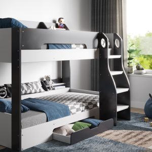 The Soho Bunk Bed Grey With Shelves And Drawer is a notable and adaptable furnishing, certain to serve as a prominent feature in any child's bedroom. This fashionable line seamlessly integrates aesthetics, safety, and utility, providing a sleeping area that is both functional and appealing. Constructed with adaptability in mind, the reversible ladder facilitates placement on either the left or right side, ensuring compatibility with the room's configuration. Irrespective of the arrangement, the bunk bed offers substantial storage capacity for organizing toys, books, and clothing, provided by shelving units on both bunks and a practical under-bed drawer on wheels. Furthermore, the elevated side panelling ensures optimal safety while maintaining a streamlined and contemporary design. The Soho Bunk Bed Grey With Shelves And Drawer represents a synthesis of elegance and practicality, offering both comfort and convenience.