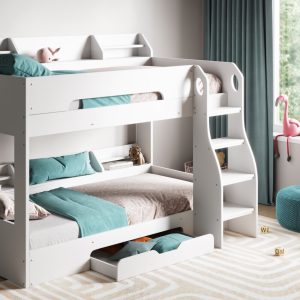 The Soho Bunk Bed White with Shelves and Drawer looks great and works well in any child's room. It's stylish, safe, and useful, making bedtime easy and fun. You can put the ladder on either side. There are shelves on both beds and a drawer underneath for storing toys, books, and clothes. The sides are high for safety and it has a modern look. The Soho Bunk Bed White with Shelves and Drawer is a nice mix of beauty and usefulness.