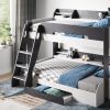 The Soho Triple Bunk Bed in Oak includes shelves and a drawer. This triple bunk bed is stylish and ideal for saving space. It features a small double bed on the bottom and a single bed on the top, accommodating up to three people. The white and oak finish complements any bedroom. The bed is sturdy and safe, with raised side panels, high headboards, and footboards on the top bunk. It also includes full-length shelving on both bunks and a spacious under-bed drawer.