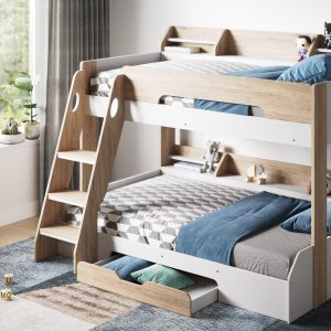 Soho  Triple Bunk Bed: Oak with Shelves and Drawer This bunk bed is good for small rooms. It sleeps three people with a small double bed on the bottom and a single bed on top. It looks nice with its white and oak color. It's safe and strong with high sides on the top bunk. It has shelves on both bunks and a drawer under the bottom bunk.