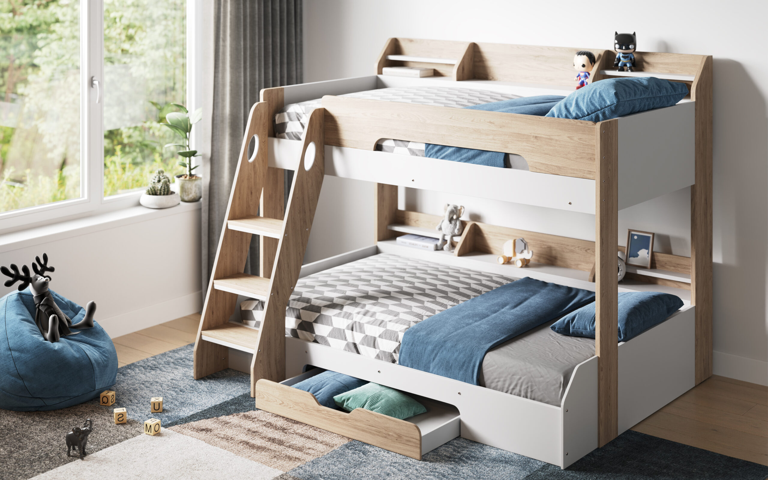 Soho Triple Bunk Bed: Oak with Shelves and Drawer This bunk bed is good for small rooms. It sleeps three people with a small double bed on the bottom and a single bed on top. It looks nice with its white and oak color. It's safe and strong with high sides on the top bunk. It has shelves on both bunks and a drawer under the bottom bunk.