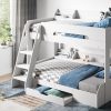 This white bunk bed is simple and modern. It's made of easy-to-clean material and is good for kids. It has a small double bed on the bottom and a single bed on top. Both beds have side panels to keep you safe. The ladder to the top bunk is easy to climb. There's lots of space to store things. There are shelves on both bunks and a drawer under the bed. It's good for sleepovers, saves space, and is easy to clean.