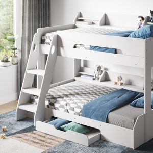 This white bunk bed is simple and modern. It's made of easy-to-clean material and is good for kids. It has a small double bed on the bottom and a single bed on top. Both beds have side panels to keep you safe. The ladder to the top bunk is easy to climb. There's lots of space to store things. There are shelves on both bunks and a drawer under the bed. It's good for sleepovers, saves space, and is easy to clean.