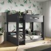 Cosy Grey Bunk Bed The Cosy Grey Bunk Bed is an ideal choice for those with adventurous children. It incorporates several practical features, including extensive shelves on both the upper and lower bunks for the storage of toys, books, or stuffed animals. Additionally, the bottom bunk is positioned close to the ground, facilitating easy access for the child and reducing the risk of injury. The solid particle board frame is meticulously designed with essential safety features, such as wide steps for secure footing on the ladder, hand slots for ease of climbing, and side rails to ensure the occupant remains safely contained within the top bunk during the night.