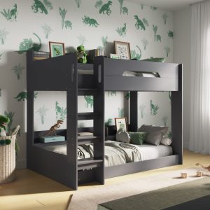 Cosy Grey Bunk Bed The Cosy Grey Bunk Bed is an ideal choice for those with adventurous children. It incorporates several practical features, including extensive shelves on both the upper and lower bunks for the storage of toys, books, or stuffed animals. Additionally, the bottom bunk is positioned close to the ground, facilitating easy access for the child and reducing the risk of injury. The solid particle board frame is meticulously designed with essential safety features, such as wide steps for secure footing on the ladder, hand slots for ease of climbing, and side rails to ensure the occupant remains safely contained within the top bunk during the night.