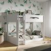 Cosy White Bunk Bed The Cosy White Bunk Bed is great for your adventurous kids. It has useful features like long shelves on both the top and bottom bunks for storing toys, books, or stuffed animals. The bottom bunk sits low to the ground, making it easy for your child to get in and out, which can help avoid injuries. The sturdy frame is designed with safety in mind, featuring wide steps on the ladder, hand slots to help climb, and side rails to keep them safe on the top bunk at night.