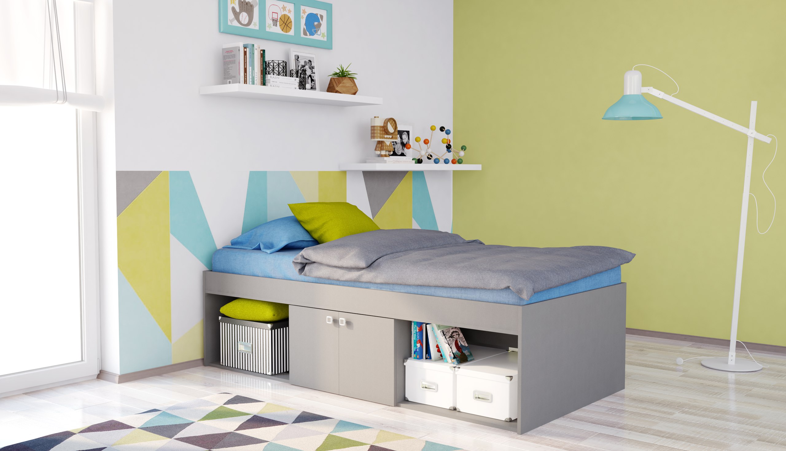 The Paddington low cabin bed is ideal for children or teenagers who need a place to sleep. This single bed frame has lots of storage with three different compartments: two open shelves and a central cupboard.