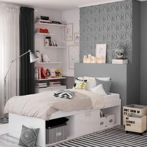 The Paddington low cabin bed is great for kids or teens. It's a single bed with lots of storage space. It has 3 sections: 2 open shelves and a cupboard. It's easy to build at home because it comes in a flat pack. low cabin bed is great for kids or teens. It's a single bed with lots of storage space. It has 3 sections: 2 open shelves and a cupboard.
