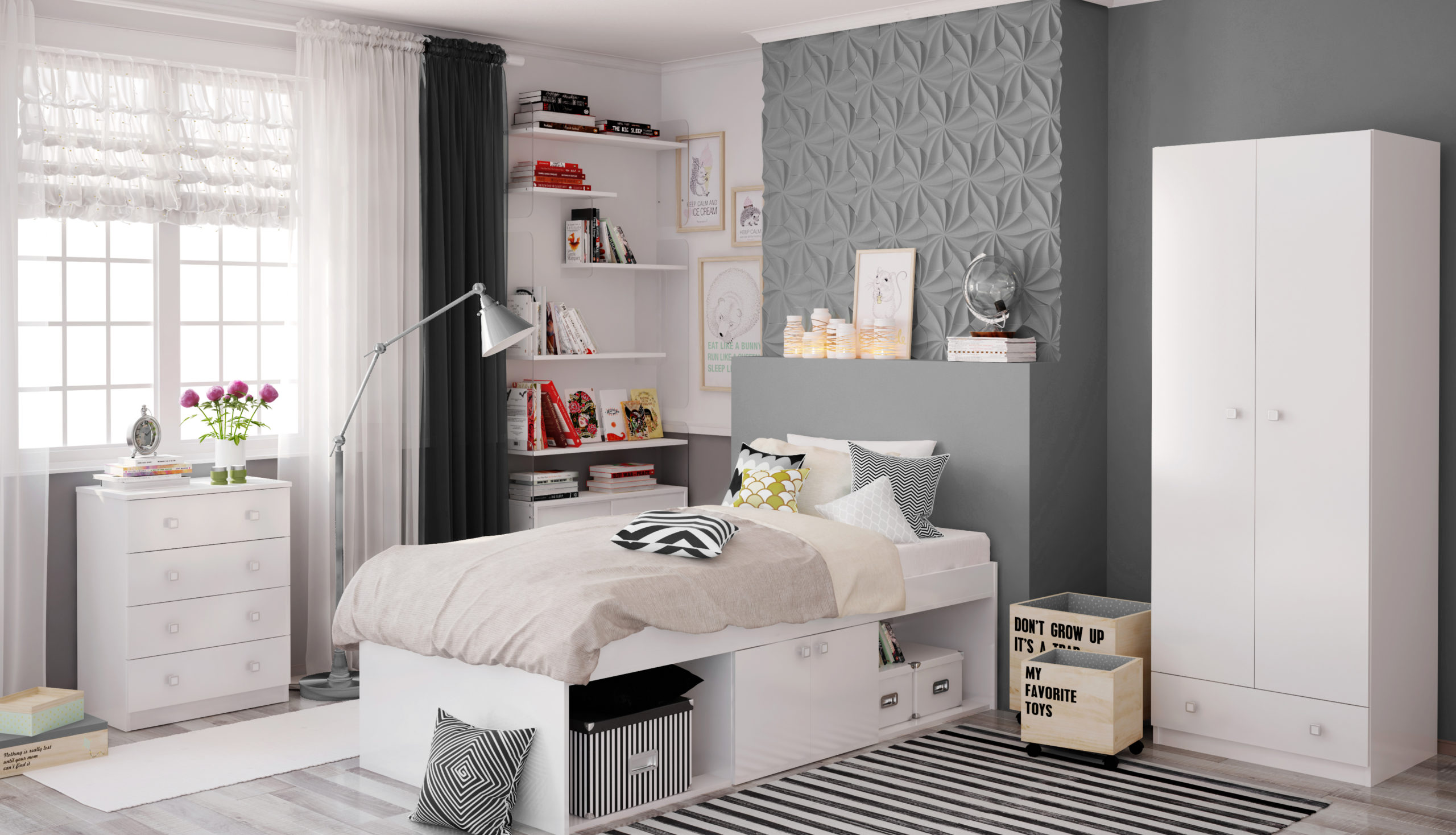 The Paddington low cabin bed is great for kids or teens. It's a single bed with lots of storage space. It has 3 sections: 2 open shelves and a cupboard. It's easy to build at home because it comes in a flat pack. low cabin bed is great for kids or teens. It's a single bed with lots of storage space. It has 3 sections: 2 open shelves and a cupboard.
