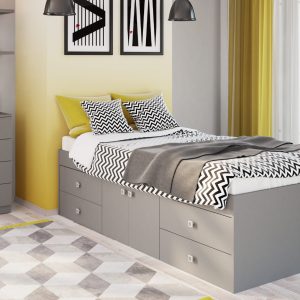 The Merlin single bed with drawers is great for kids or teens. It has four drawers for clothes and a cupboard for storage.